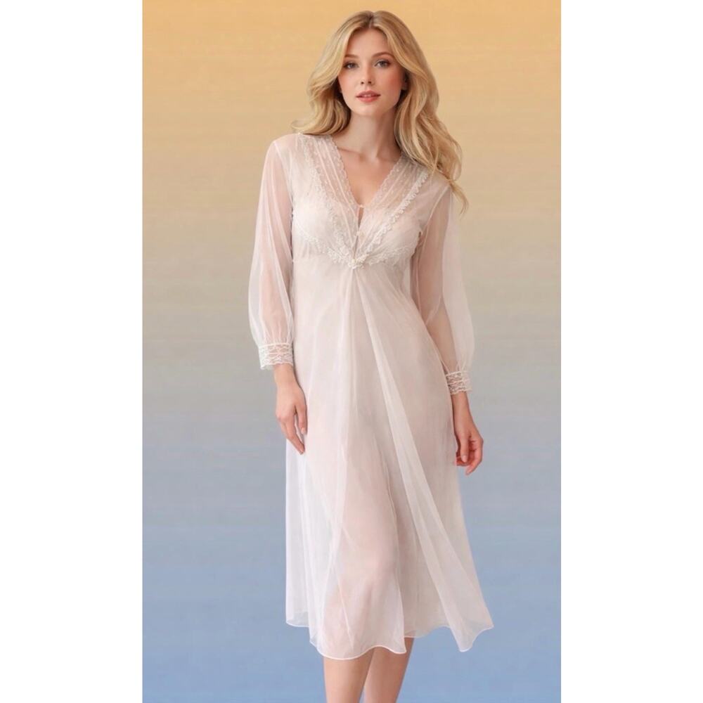 Vintage Sears Charmode White Nylon Peignoir Set Sheer Lace Robe & Nightgown Sz S